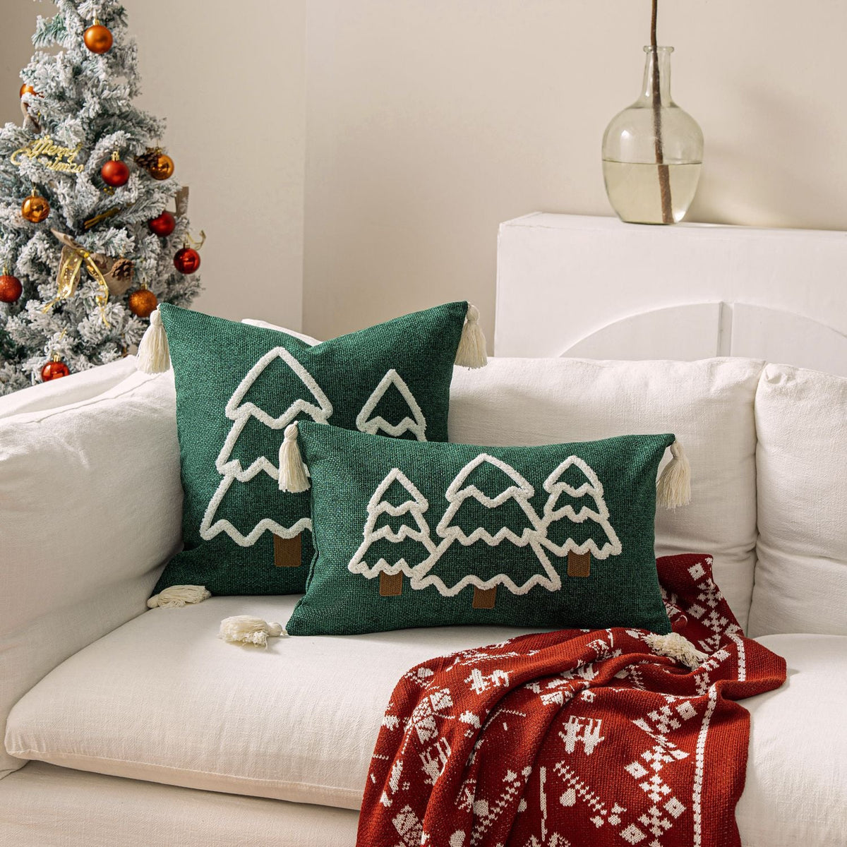 Lumbar Throw Pillow Raised Chenille Embroidery Tassel Corners