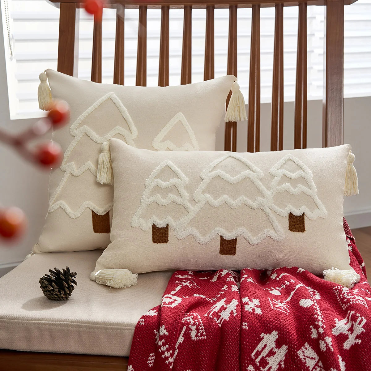 Lumbar Throw Pillow Raised Chenille Embroidery Tassel Corners