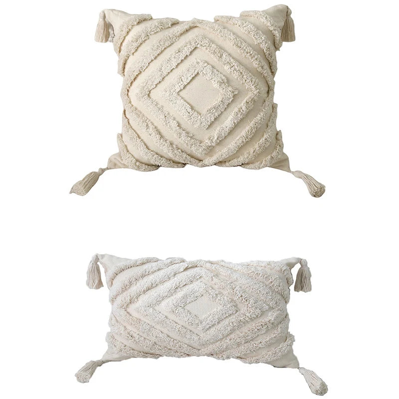 Lumbar Throw Pillow Woven Cotton Tufted Diamond & Tassels