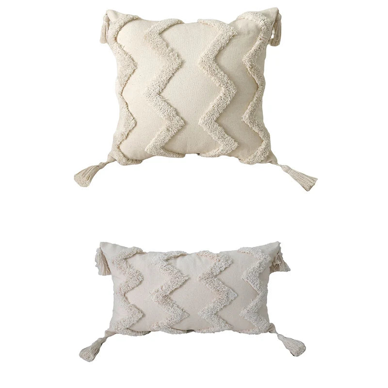 Lumbar Throw Pillow Woven Cotton Tufted Diamond & Tassels