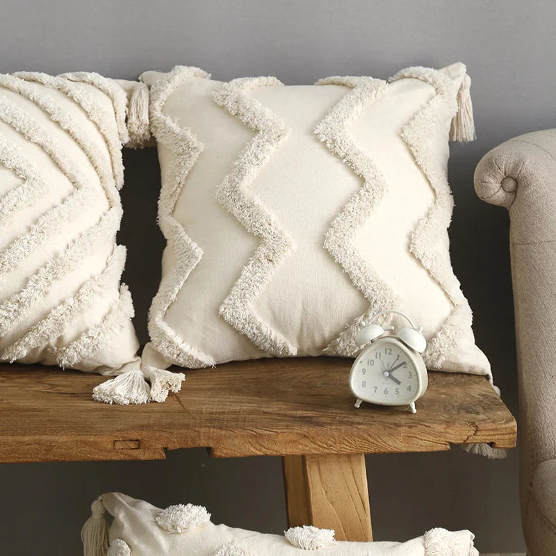 Lumbar Throw Pillow Woven Cotton Tufted Diamond & Tassels