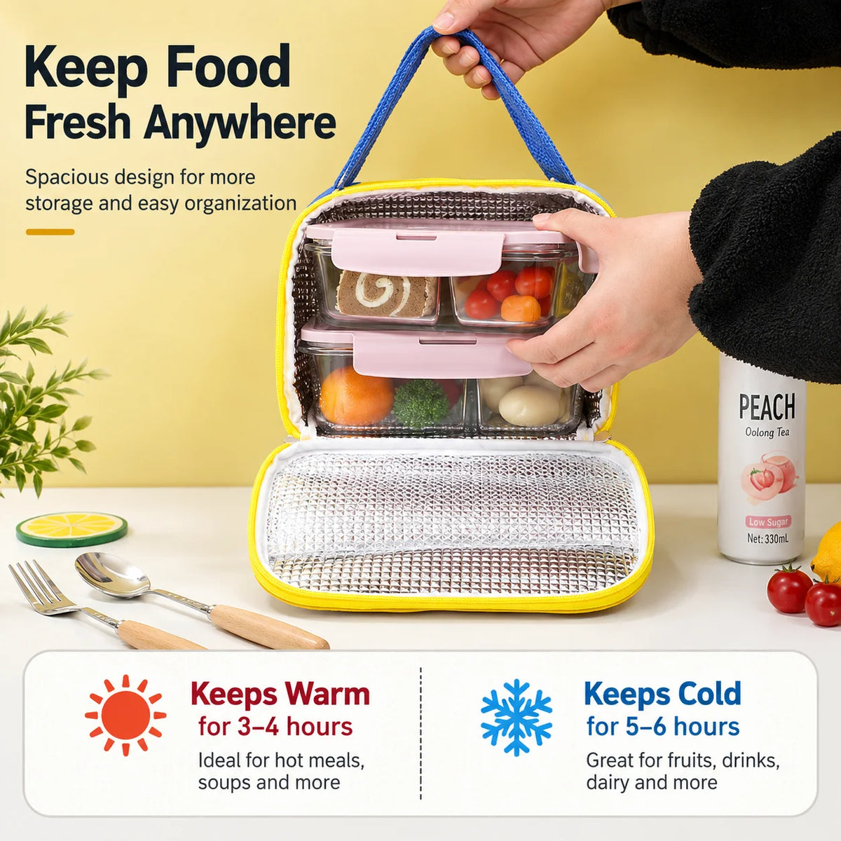 Lunch Bag Three-Layer Insulated Inner Mesh Pocket Wipe-Clean Lining