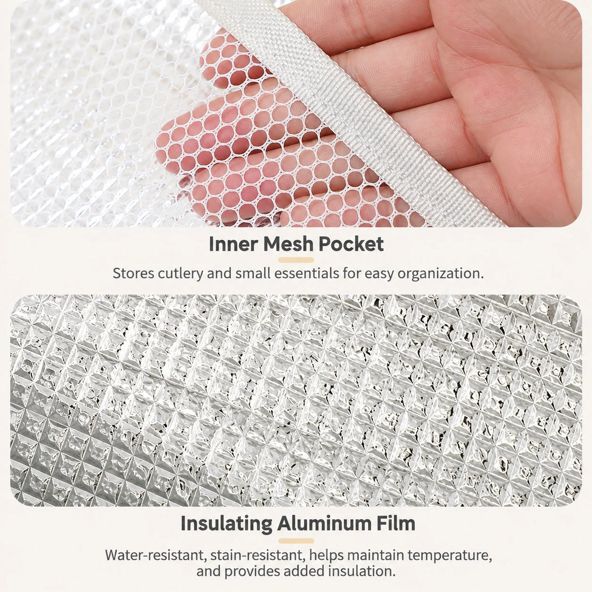 Lunch Bag Three-Layer Insulated Inner Mesh Pocket Wipe-Clean Lining