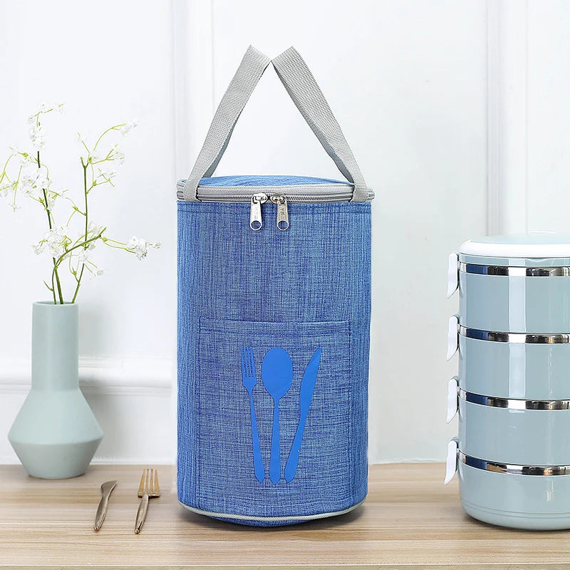 Lunch Cooler Bag Insulated Cylindrical Design Front Cutlery Pocket