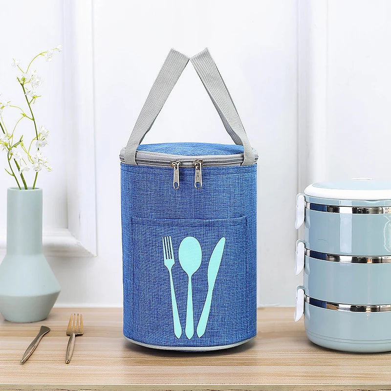 Lunch Cooler Bag Insulated Cylindrical Design Front Cutlery Pocket