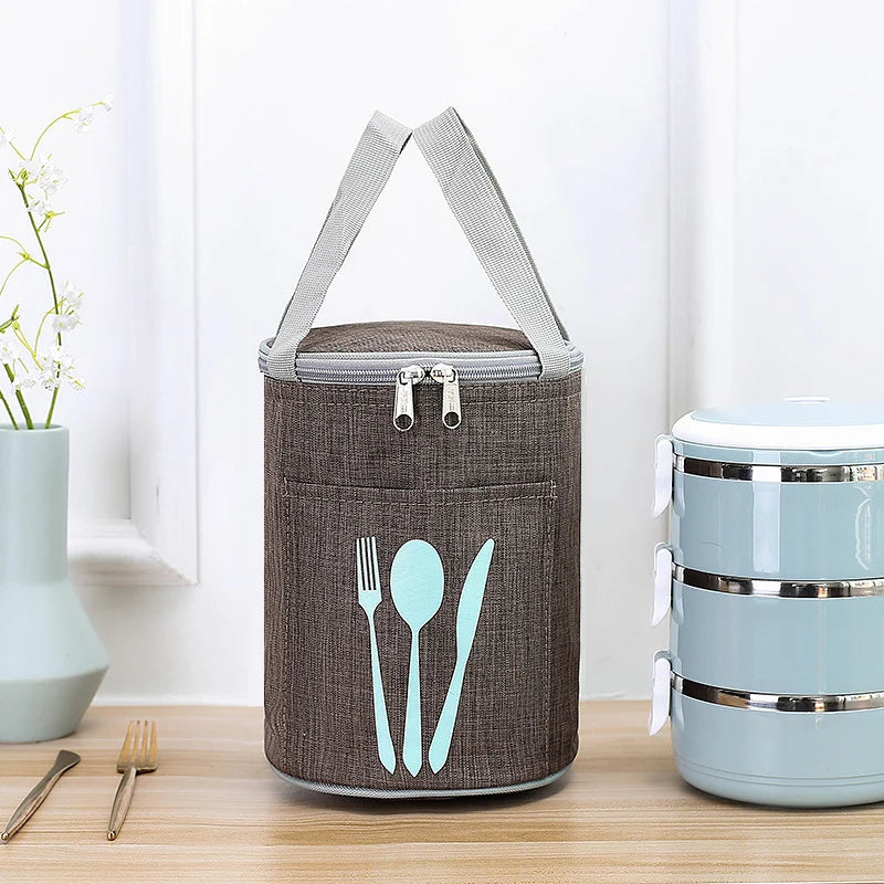 Lunch Cooler Bag Insulated Cylindrical Design Front Cutlery Pocket