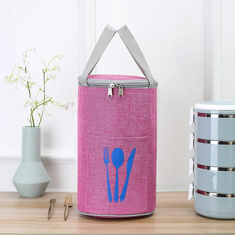Lunch Cooler Bag Insulated Cylindrical Design Front Cutlery Pocket