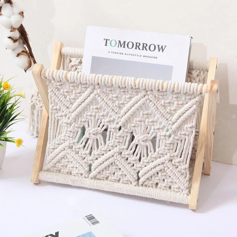 Magazine Holder Foldable Cotton and Wood Tabletop Storage