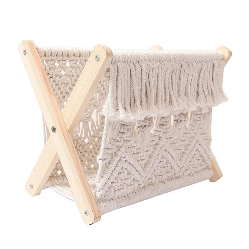 Magazine Holder Foldable Cotton and Wood Tabletop Storage