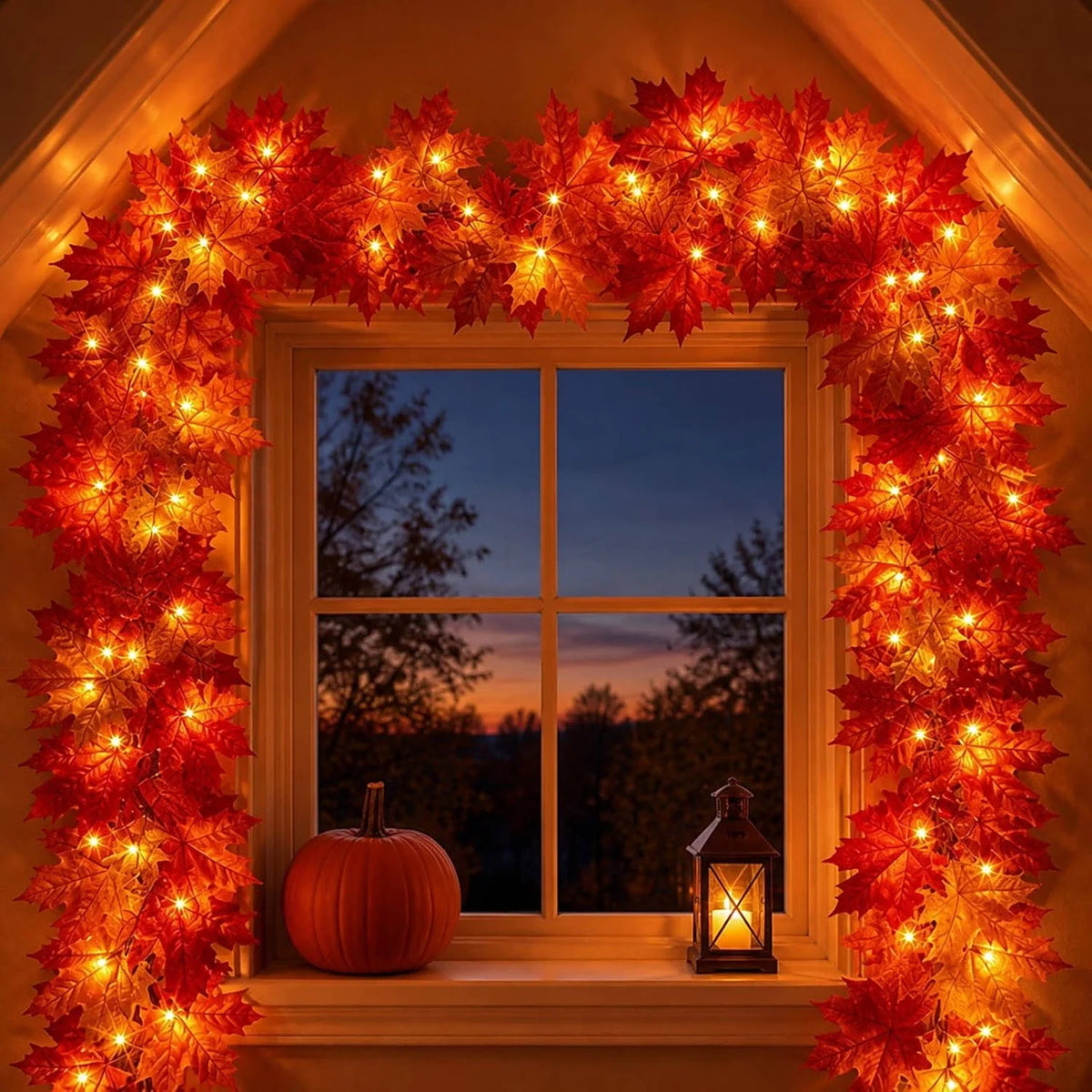 Maple Leaf Garland 9-Ft 50 Orange Lights Connectable