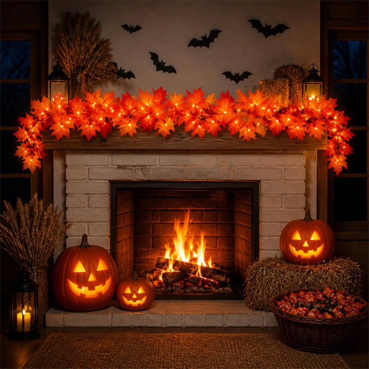 Maple Leaf Garland 9-Ft 50 Orange Lights Connectable
