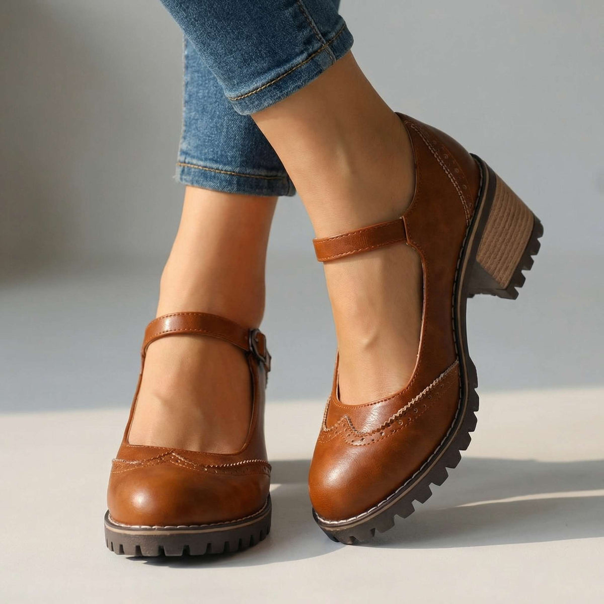 Mary Jane Shoes Adjustable Strap Block Heel Round Toe