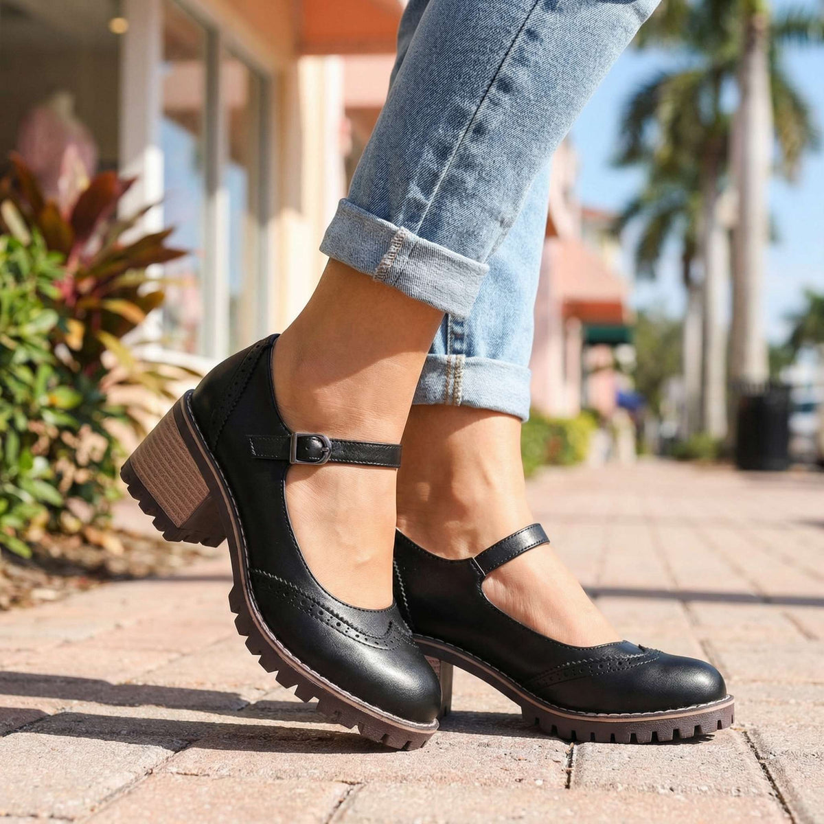 Mary Jane Shoes Adjustable Strap Block Heel Round Toe