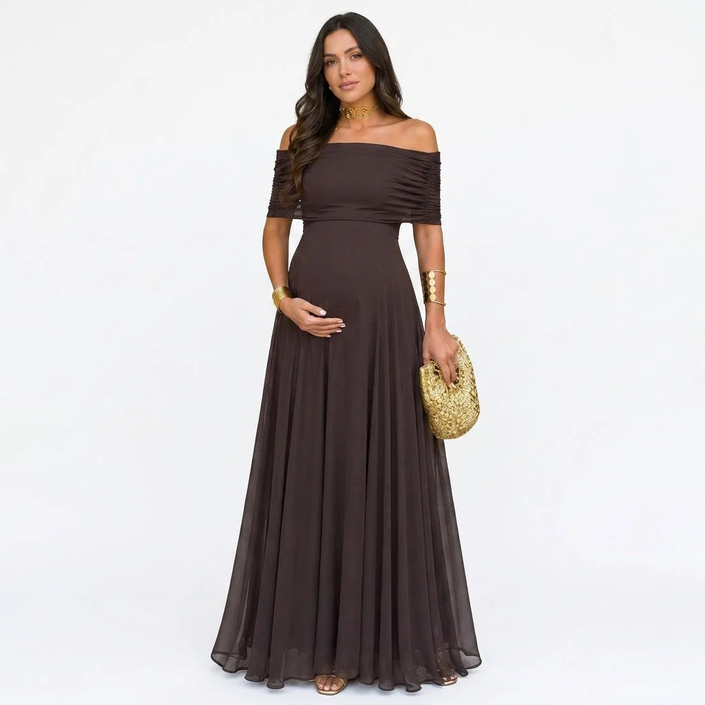 Maternity Maxi Dress Off-Shoulder Floral Stretch Polyester