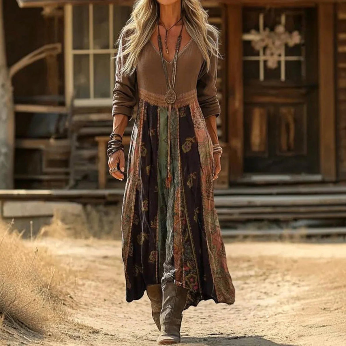 Maxi Dress Cotton Blend Tiered V-Neck Long Sleeve