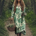Maxi Dress Cotton Blend Tiered V-Neck Long Sleeve