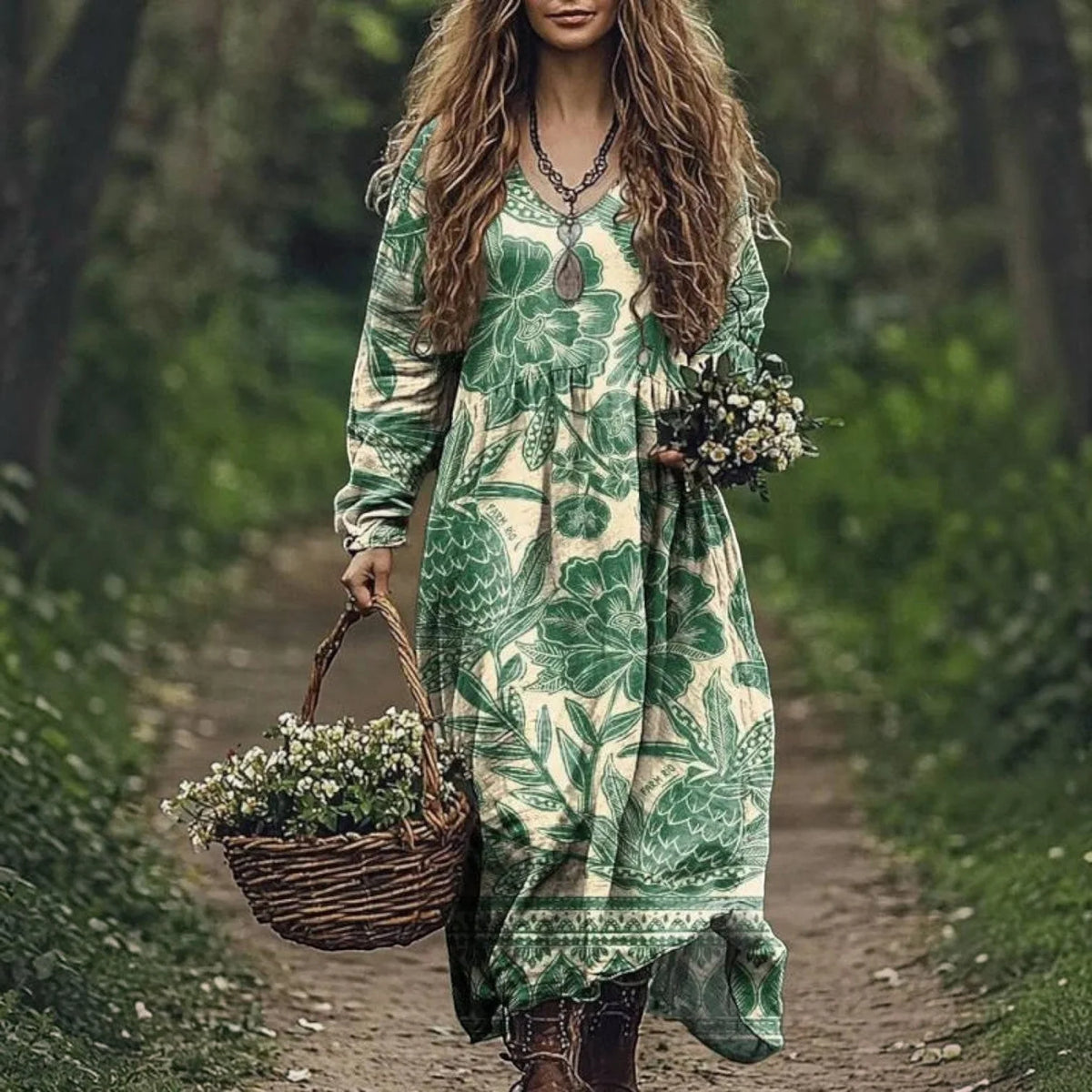 Maxi Dress Cotton Blend Tiered V-Neck Long Sleeve