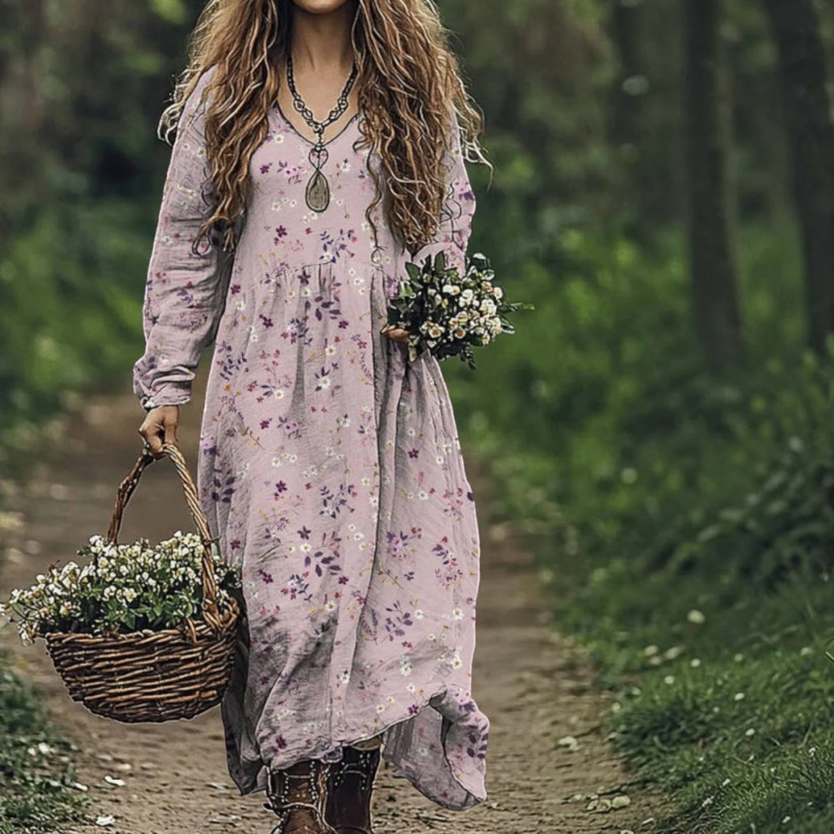 Maxi Dress Cotton Blend Tiered V-Neck Long Sleeve