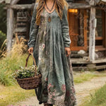 Maxi Dress Cotton Blend Tiered V-Neck Long Sleeve