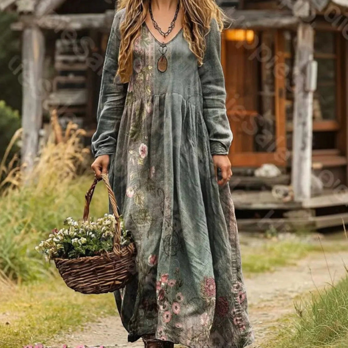 Maxi Dress Cotton Blend Tiered V-Neck Long Sleeve