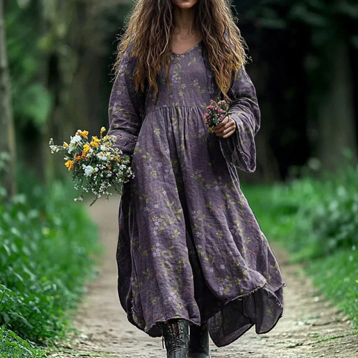 Maxi Dress Cotton Blend Tiered V-Neck Long Sleeve