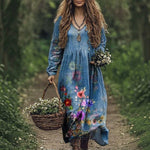 Maxi Dress Cotton Blend Tiered V-Neck Long Sleeve