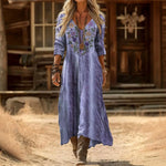 Maxi Dress Cotton Blend Tiered V-Neck Long Sleeve