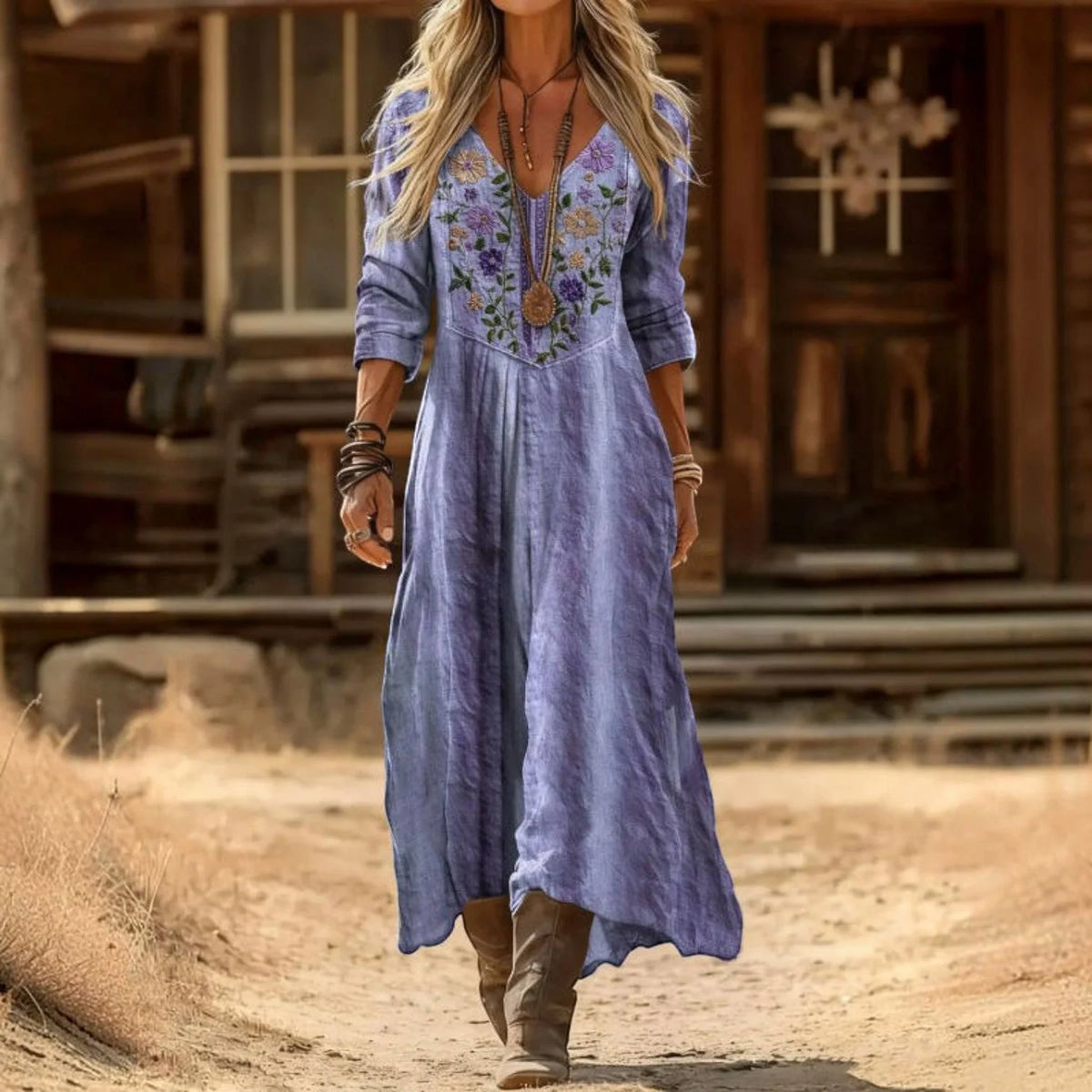 Maxi Dress Cotton Blend Tiered V-Neck Long Sleeve