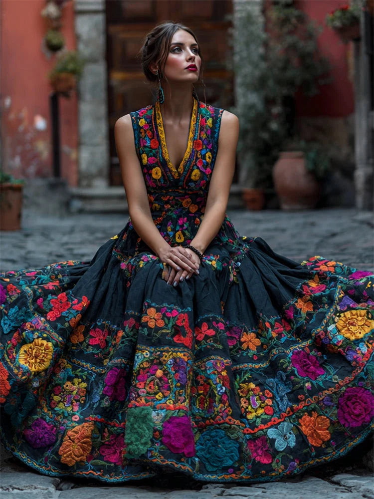 Maxi Dress Floral Print V-Neck Sleeveless Floor-Length