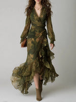 Maxi Dress Green Floral Wrap V-Neck Tiered Ruffles