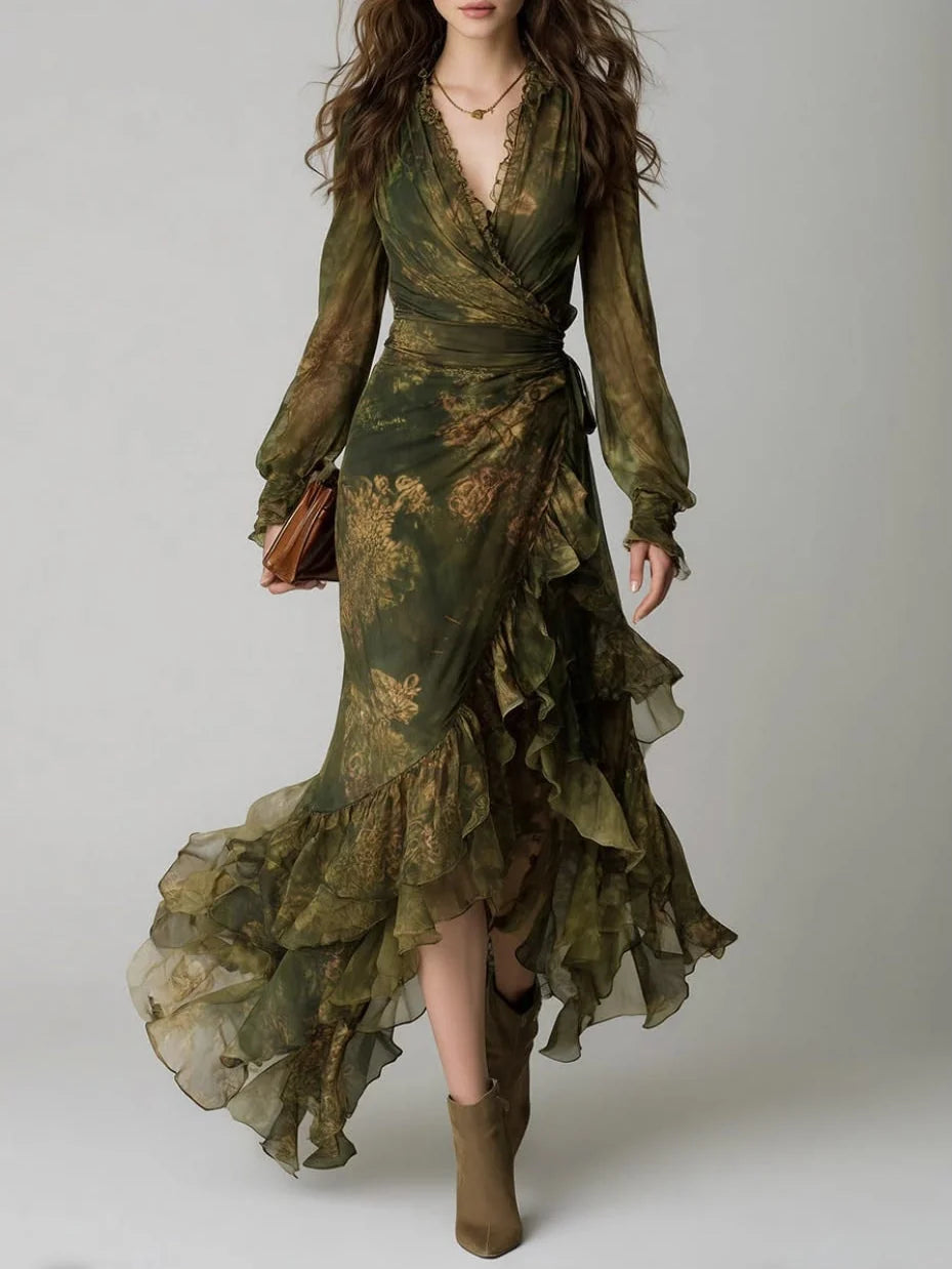 Maxi Dress Green Floral Wrap V-Neck Tiered Ruffles