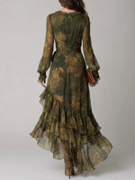 Maxi Dress Green Floral Wrap V-Neck Tiered Ruffles