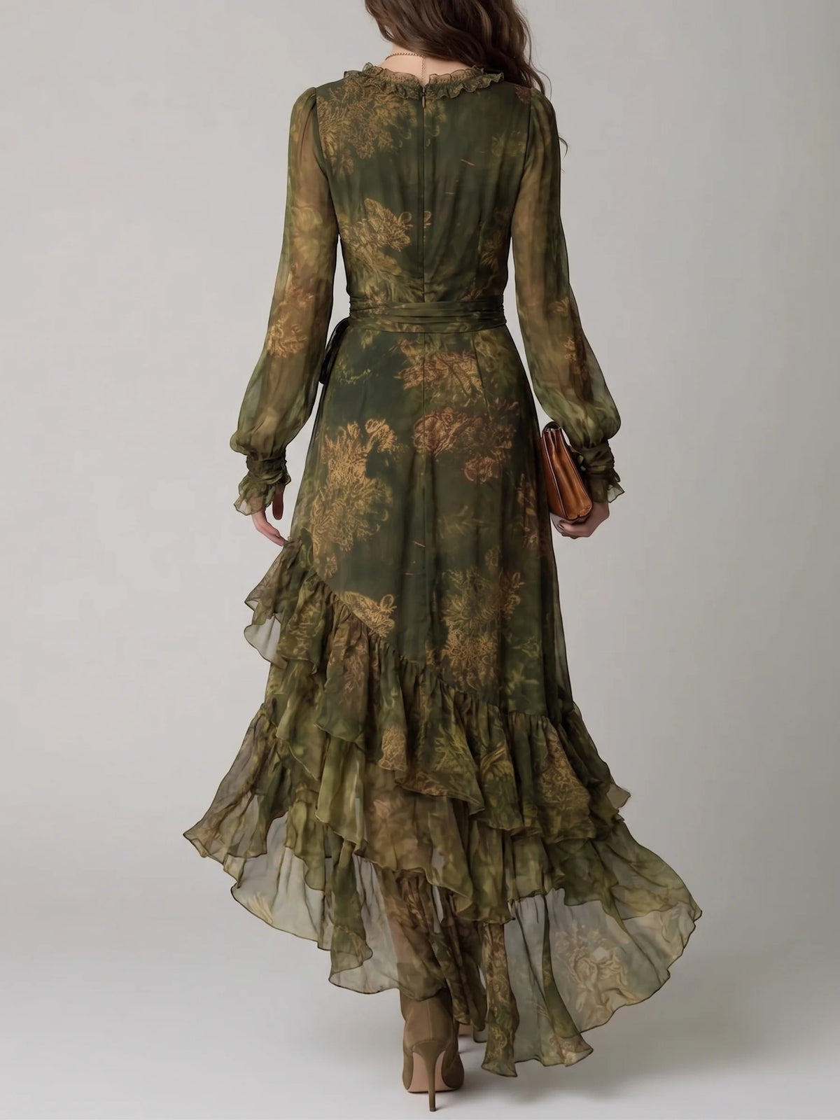 Maxi Dress Green Floral Wrap V-Neck Tiered Ruffles