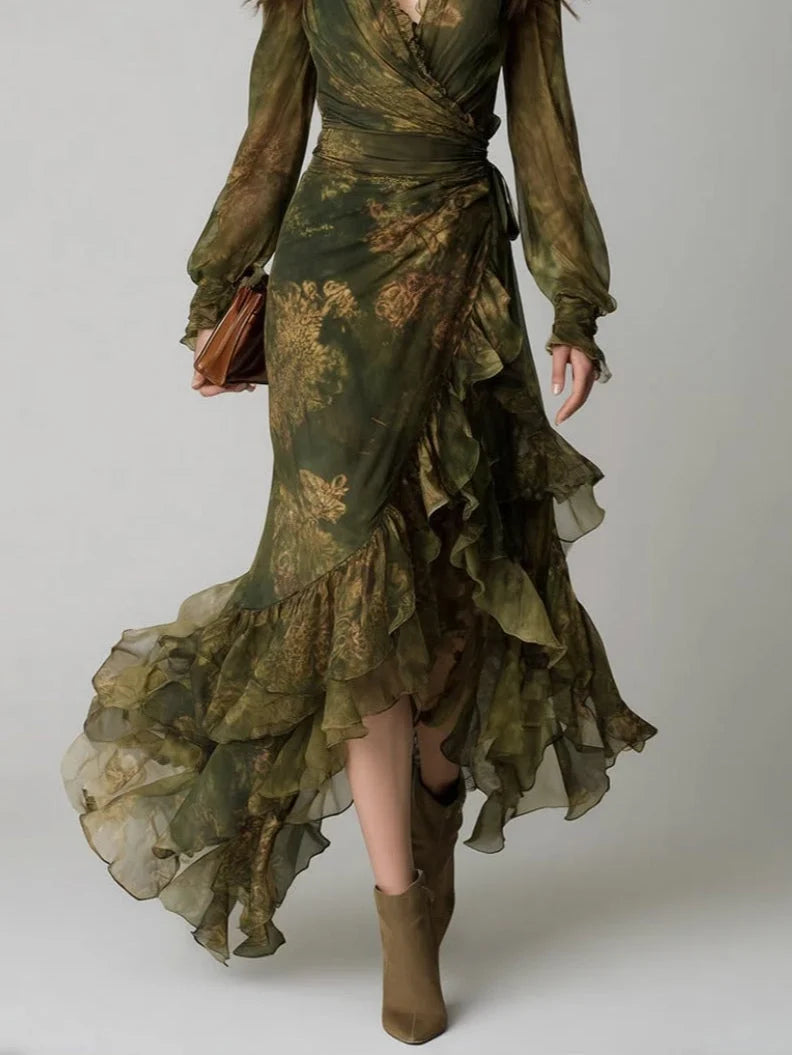 Maxi Dress Green Floral Wrap V-Neck Tiered Ruffles