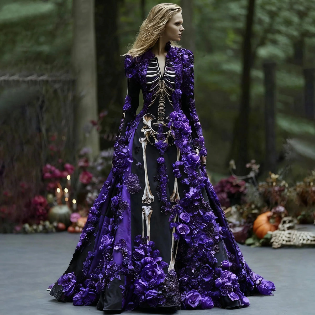 Maxi Dress Long Sleeve Skeleton Floral Print