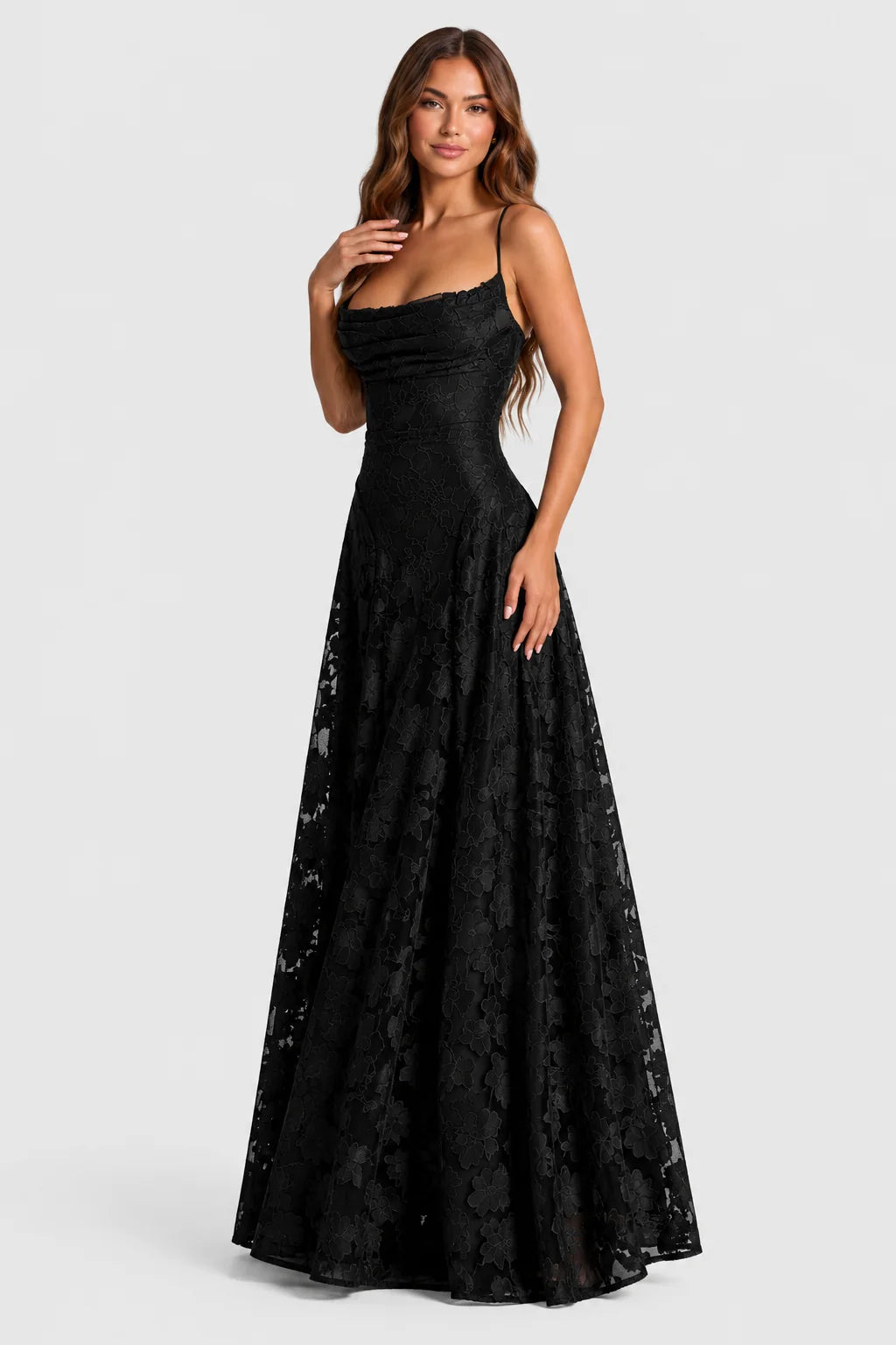 Maxi Dress Raised Floral Lace Draped Neckline