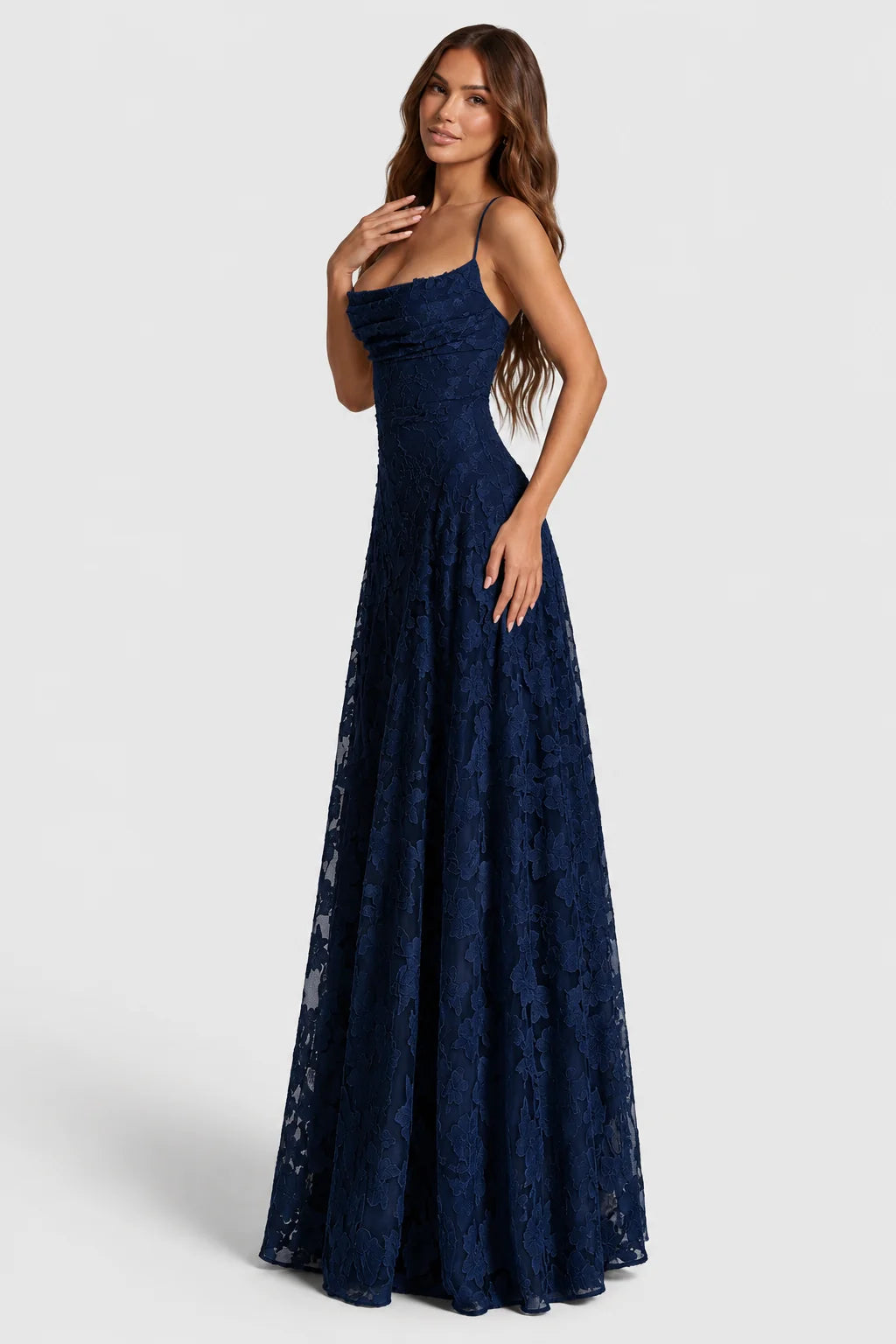 Maxi Dress Raised Floral Lace Draped Neckline