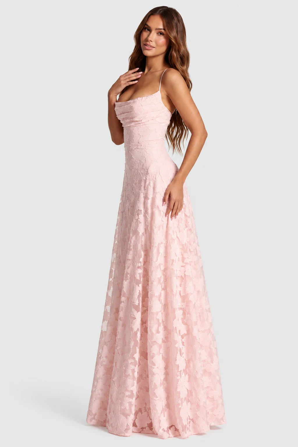 Maxi Dress Raised Floral Lace Draped Neckline