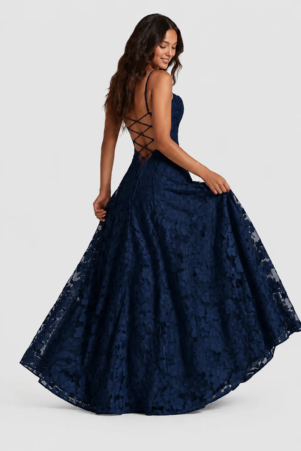 Maxi Dress Raised Floral Lace Draped Neckline