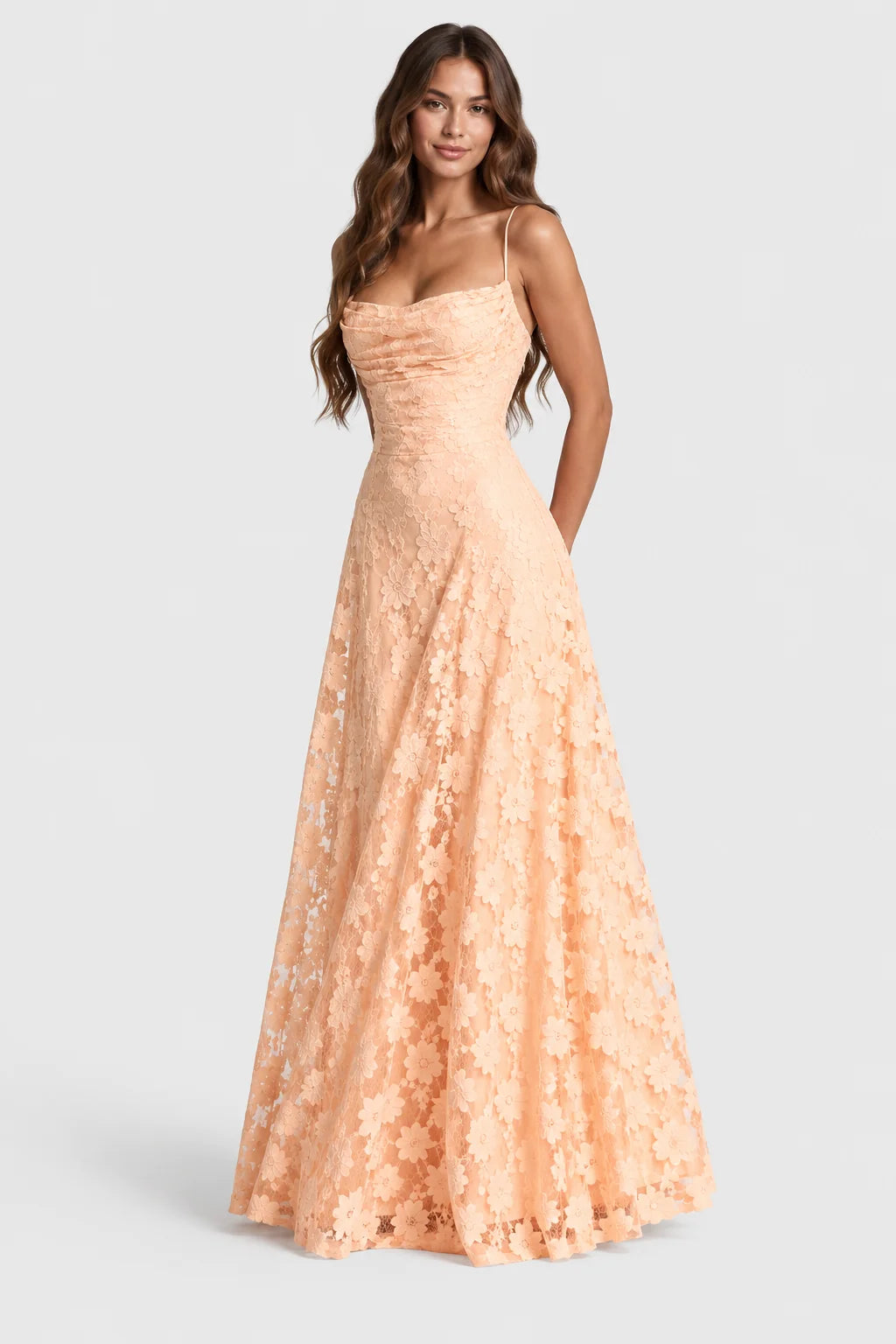 Maxi Dress Raised Floral Lace Draped Neckline