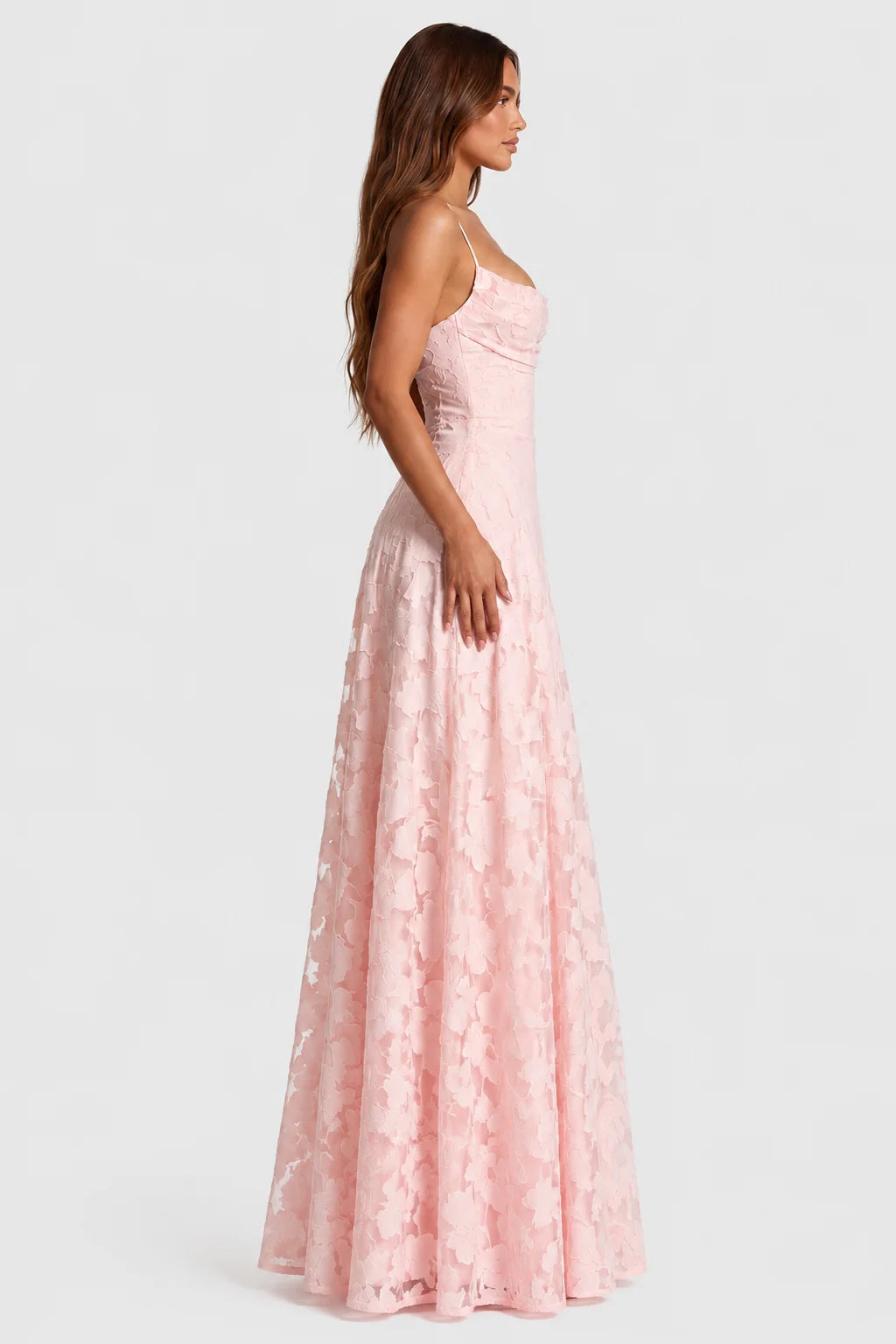 Maxi Dress Raised Floral Lace Draped Neckline