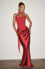 Maxi Dress Strapless Boned Corset Satin Cowl Skirt