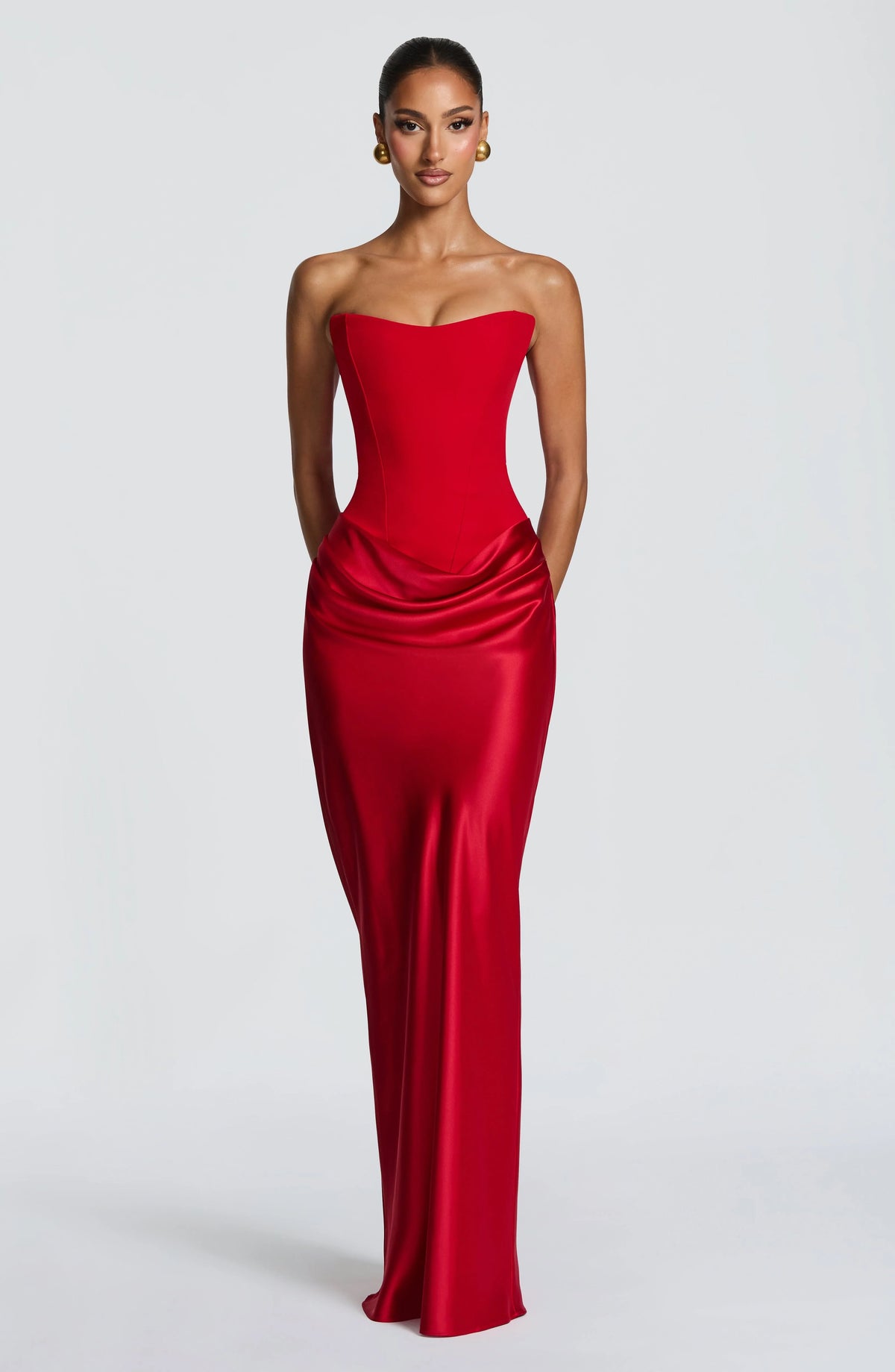 Maxi Dress Strapless Boned Corset Satin Cowl Skirt