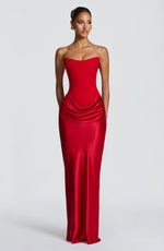 Maxi Dress Strapless Boned Corset Satin Cowl Skirt