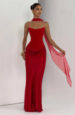 Maxi Dress Strapless Boned Corset Satin Cowl Skirt