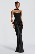 Maxi Dress Strapless Boned Corset Satin Cowl Skirt