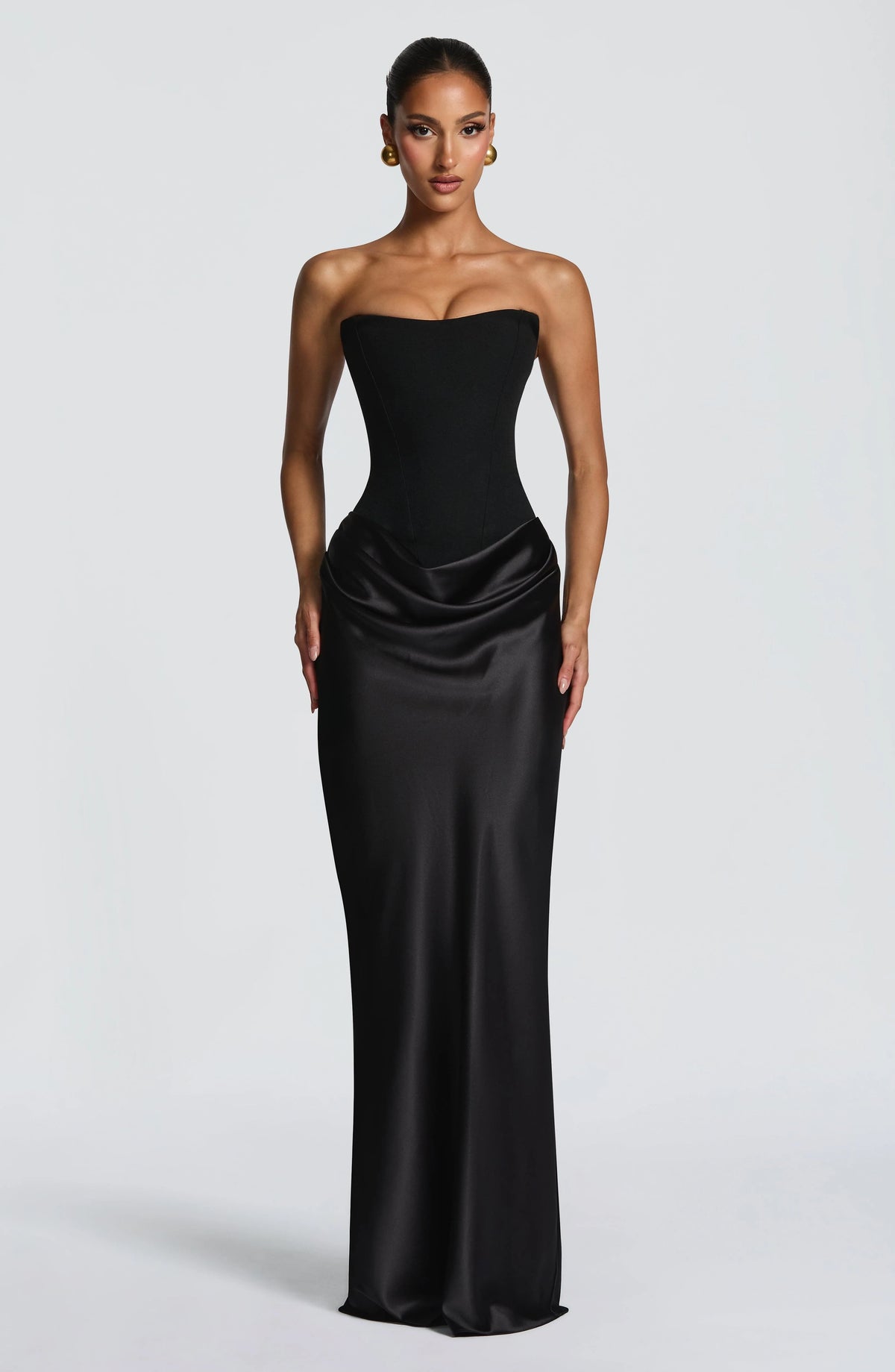 Maxi Dress Strapless Boned Corset Satin Cowl Skirt