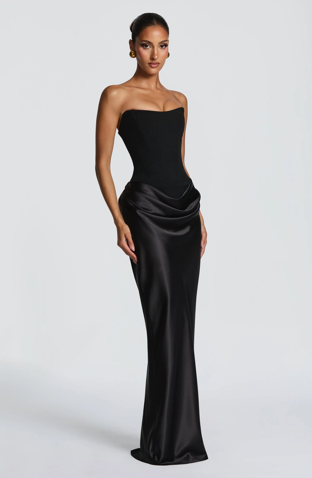 Maxi Dress Strapless Boned Corset Satin Cowl Skirt