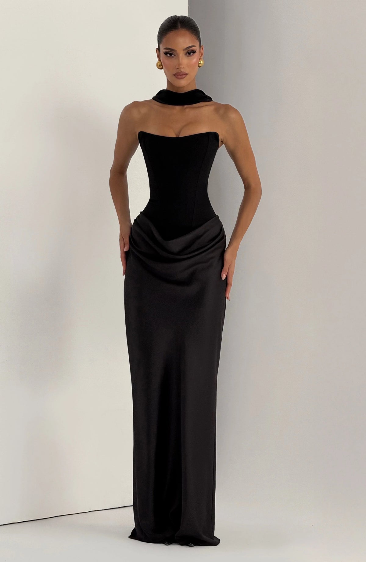 Maxi Dress Strapless Boned Corset Satin Cowl Skirt