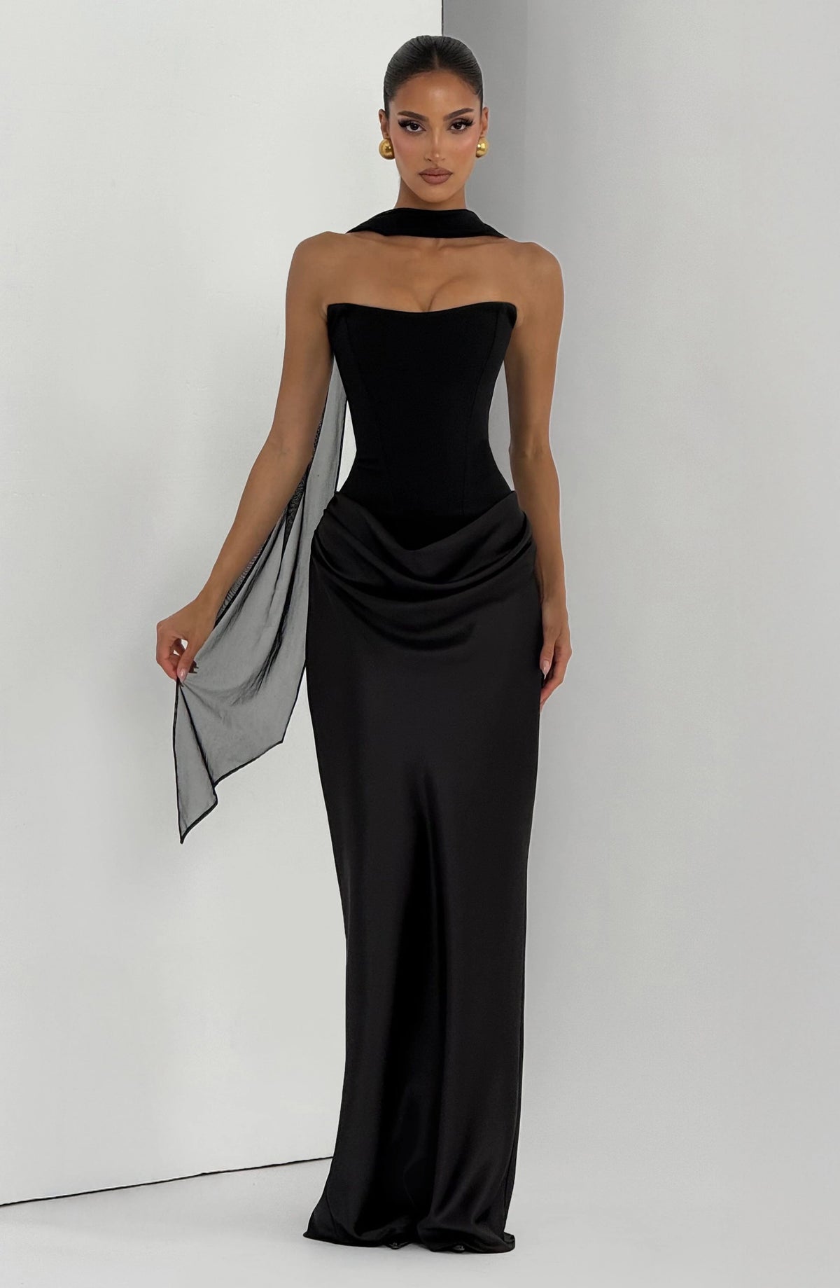 Maxi Dress Strapless Boned Corset Satin Cowl Skirt